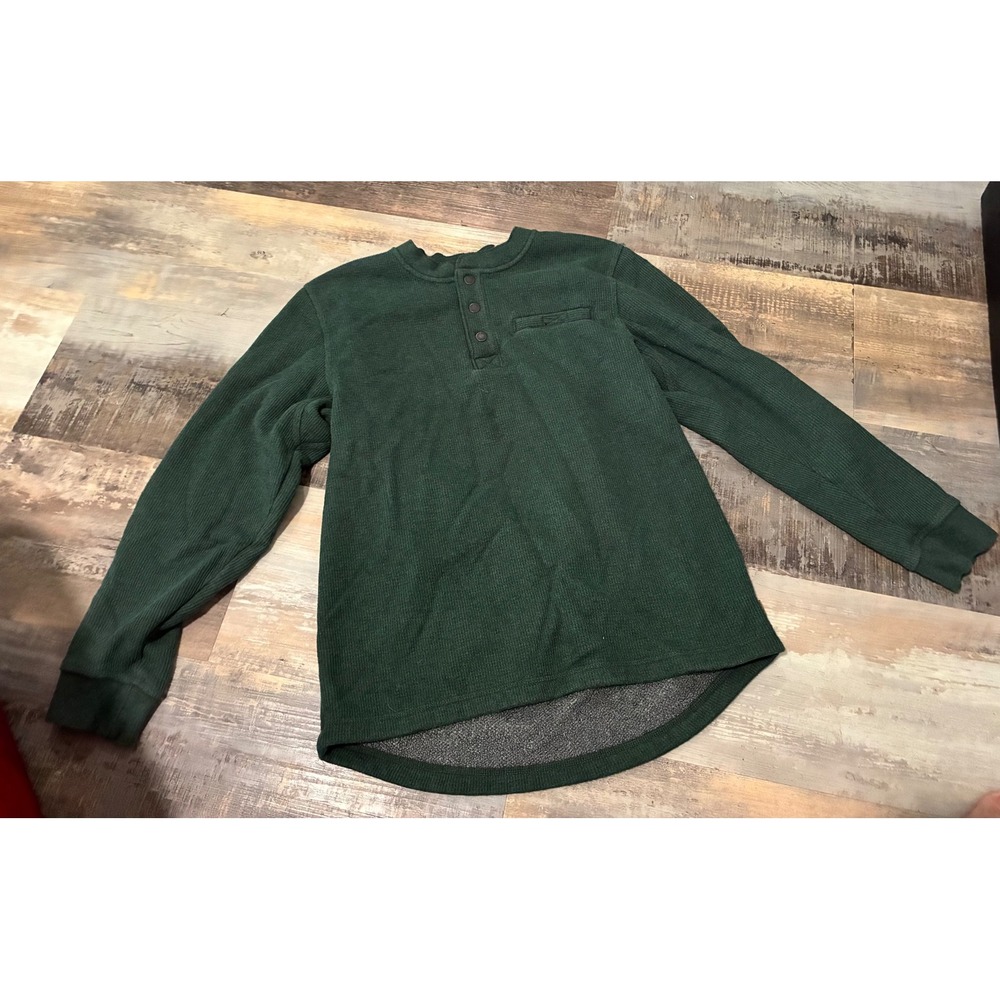 LL Bean Mens Waffle Knit Fleece Lined Henley Shirt Green Medium Item